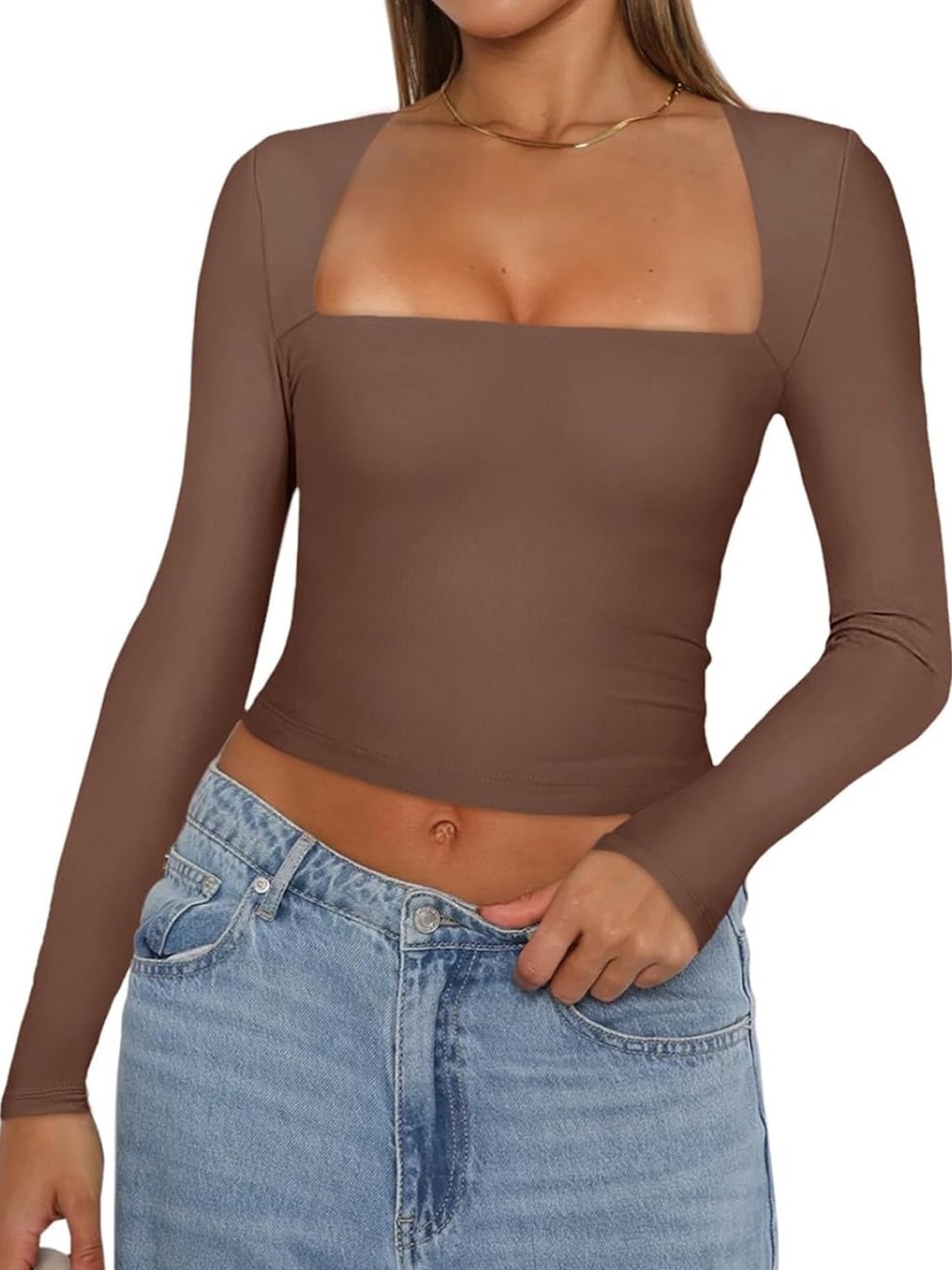 Reoria Women's Basic Square Neck
Long Sleeve Going Out Top